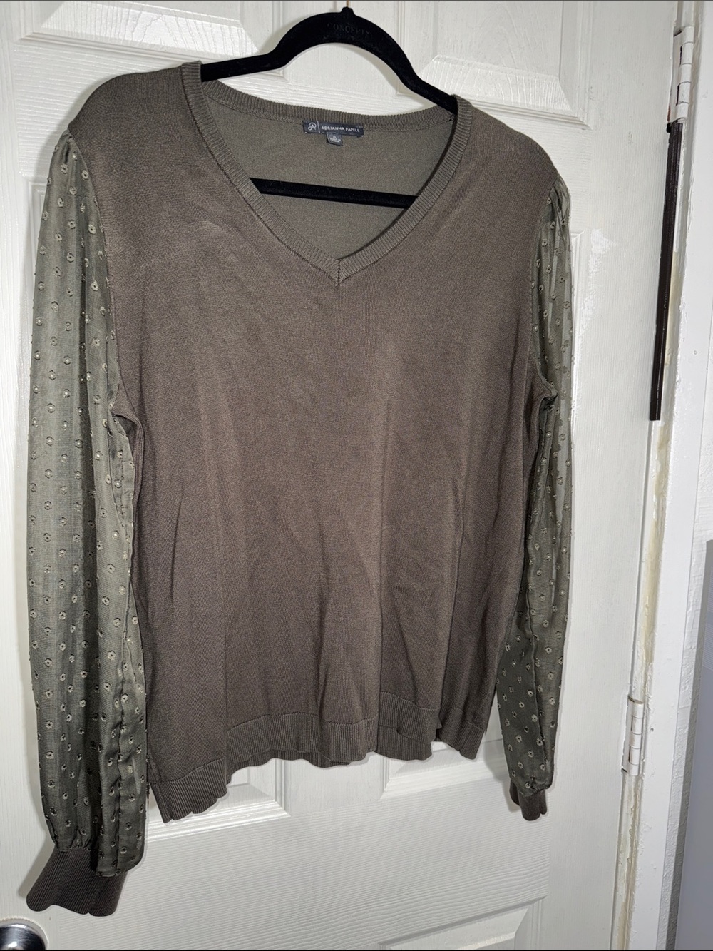 Adrianna Papell Olive Green V-Neck Pullover with Sheer Dot Sleeves
